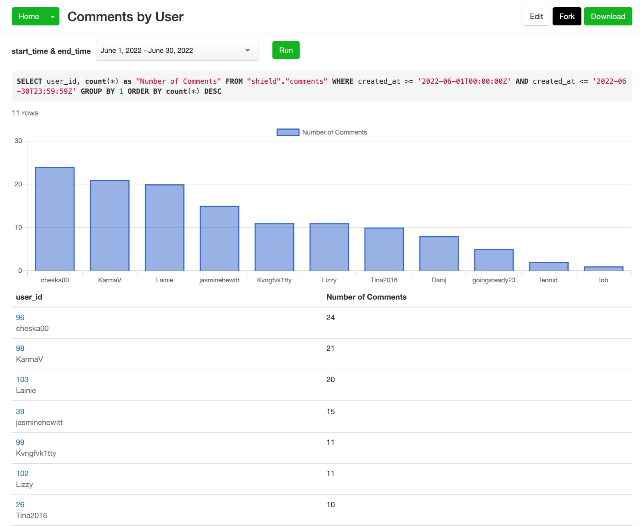 SQL Report Screenshot of Comments