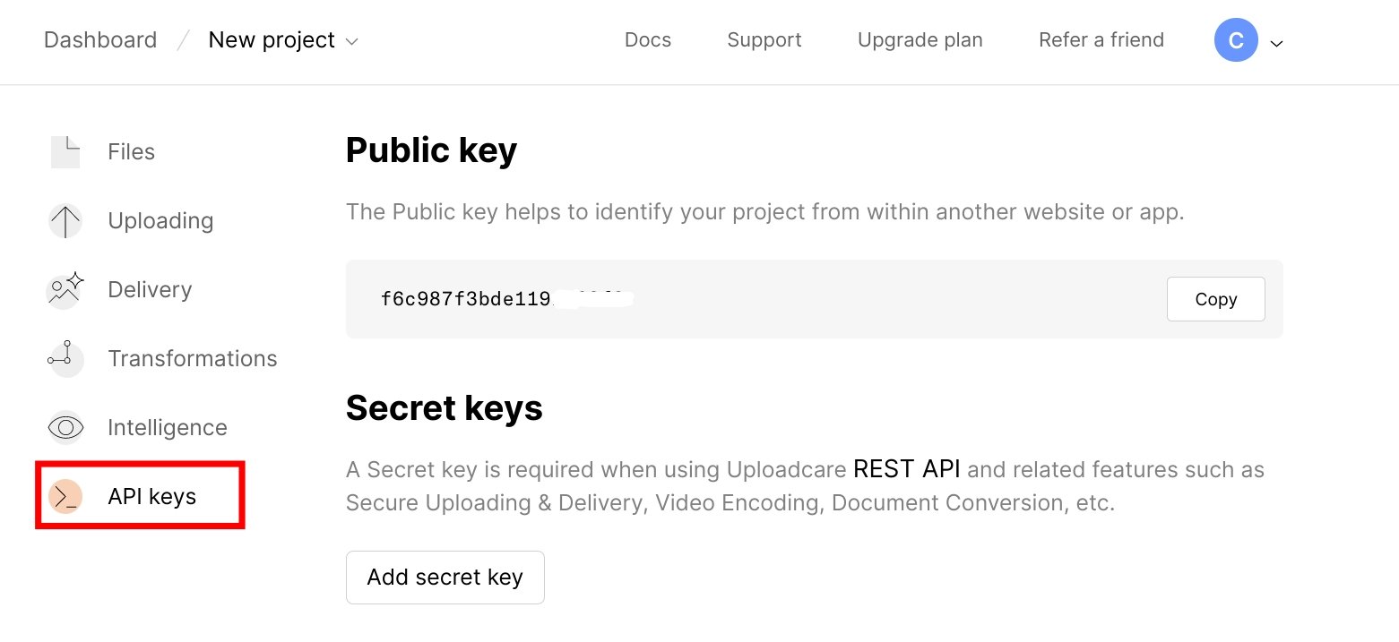 Uploadcare API Keys Screenshot